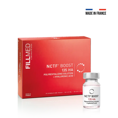 NCTF 135HA skin booster packaging and vial, ideal for anti-aging and hydration, rich in nutrients and hyaluronic acid.