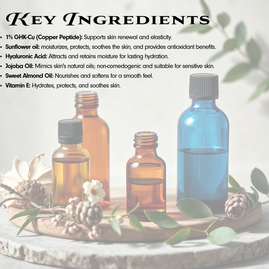 NutriNation topical GHK-Cu peptide lotion key ingredients with natural oils in amber and blue dropper bottles