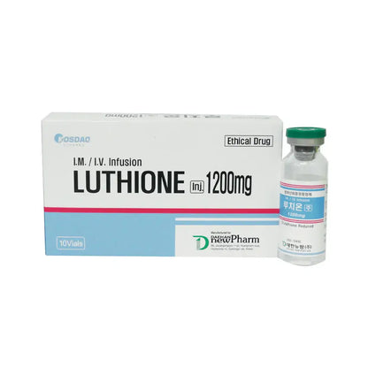 Luthione 1200mg glutathione injection for skin brightening and detoxification by Nutrination, presented in box with vials.
