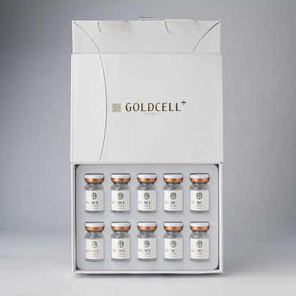 GTM GOLD CELL PLUS skin booster with ten vials in luxurious packaging for youthful radiance and nourished skin.