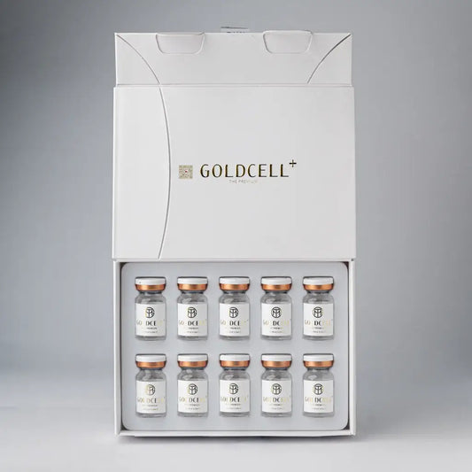 GTM GOLD CELL PLUS skin booster with ten vials in luxurious packaging for youthful radiance and nourished skin.