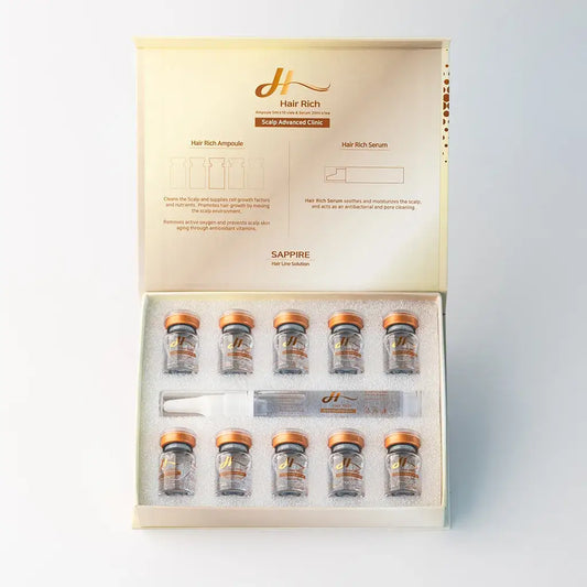 SAPPHIRE HAIR RICH multi-nutrient therapy kit with ampoules and serum for hair regeneration and nourishment.