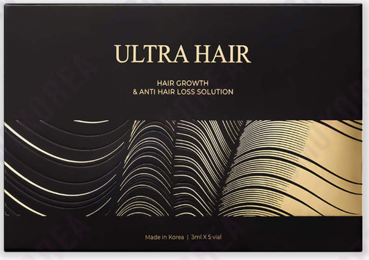 ULTRA HAIR advanced hair growth solution packaging featuring sleek design, promoting scalp nourishment and hair strengthening.