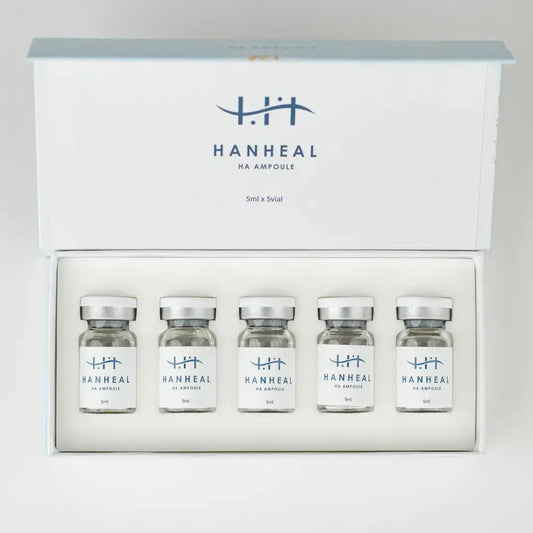 HANHEAL HA AMPOULE set of 5 vials in a sleek packaging for deep moisture and skin hydration.