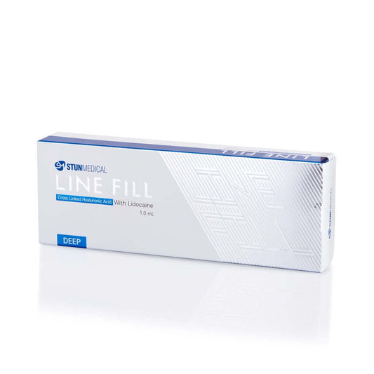 LINEFILL Deep Gel packaging for correcting moderate wrinkles with hyaluronic acid and lidocaine for enhanced volumization.
