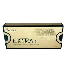 EXTRA II Premium hyaluronic acid gel box for rejuvenation and enhanced lip volume, featuring Nutrination benefits.