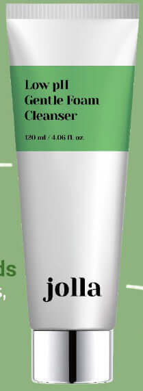 JOLLA Foam Cleanser tube showcasing low pH gentle formula, purifying skin with soothing botanicals and maintaining hydration.