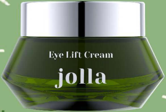 JOLLA Eye Lift Cream jar on green background, targeting fine lines with retinol and ceramides for brightening and firming.