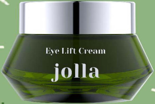JOLLA Eye Lift Cream jar on green background, targeting fine lines with retinol and ceramides for brightening and firming.