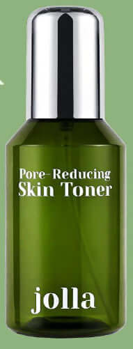 JOLLA Pore Skin Toner in green bottle, designed to minimize pores and enhance hydration with niacinamide for balanced skin.