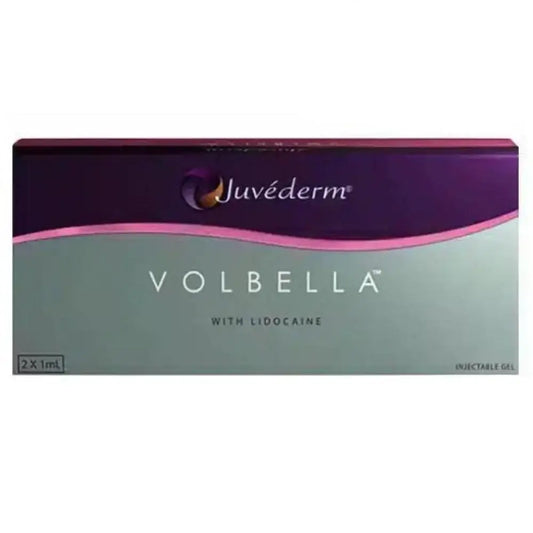 Juvederm Volbella product box with lidocaine for natural lip enhancement and fine line smoothing.