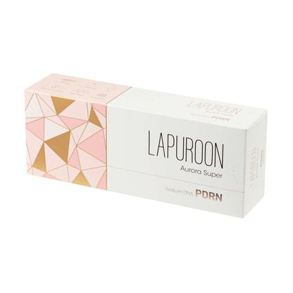 LAPUROON Aurora Super packaging featuring modern geometric design, promoting intense hydration with hyaluronic acid and peptides.