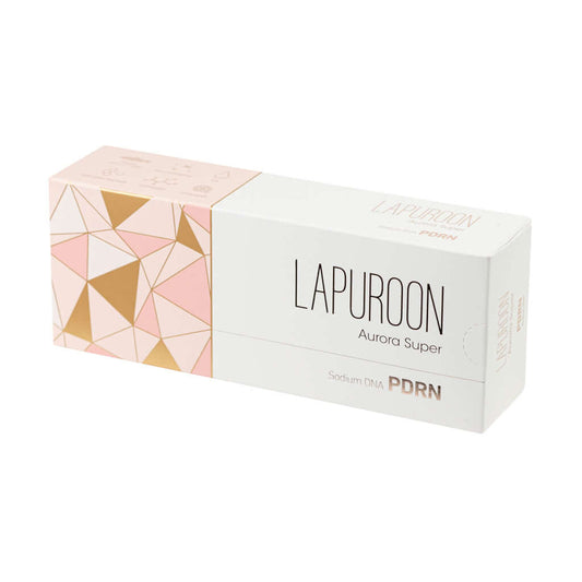 LAPUROON Aurora Super packaging featuring modern geometric design, promoting intense hydration with hyaluronic acid and peptides.