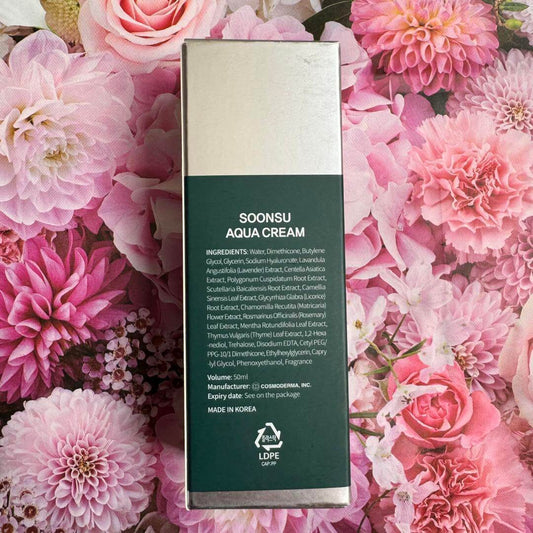 SOONSU AQUA CREAM box back view showcasing ingredients and details for deep hydration and skin nourishment.