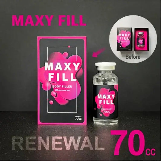 Maxy Fill 70cc body filler with HA gel for volumizing, displayed in packaging and bottle, ideal for body enhancements.