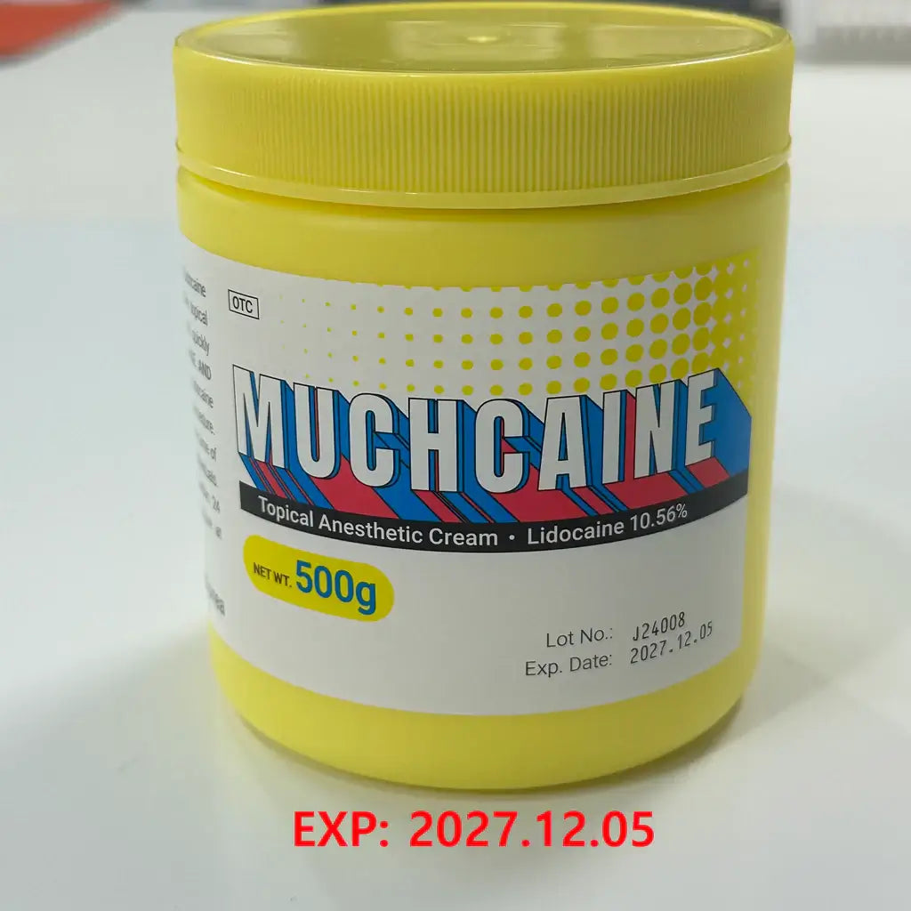 Muchcain cream 500g jar, topical anesthetic with 10.56% lidocaine for pain relief during cosmetic procedures.