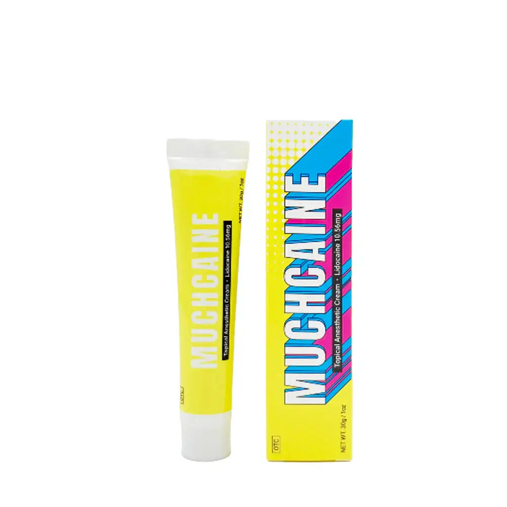Muchcain cream 30g tube and packaging, portable numbing power for treatments, by Nutrination.