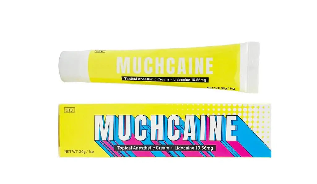 Muchcain 30g tube and box, portable topical numbing cream for cosmetic procedures, with Lidocaine 10.56mg for maximum comfort.