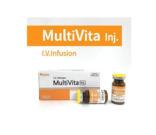 Multivita Inj multivitamin complex for energy, skin, and immune health in IV infusion vials and packaging.