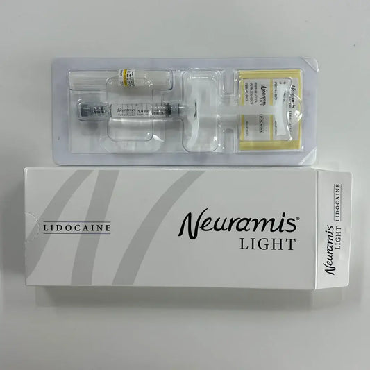 Neuramis Light hyaluronic acid filler with lidocaine for fine lines and subtle enhancements, ideal for natural hydration.