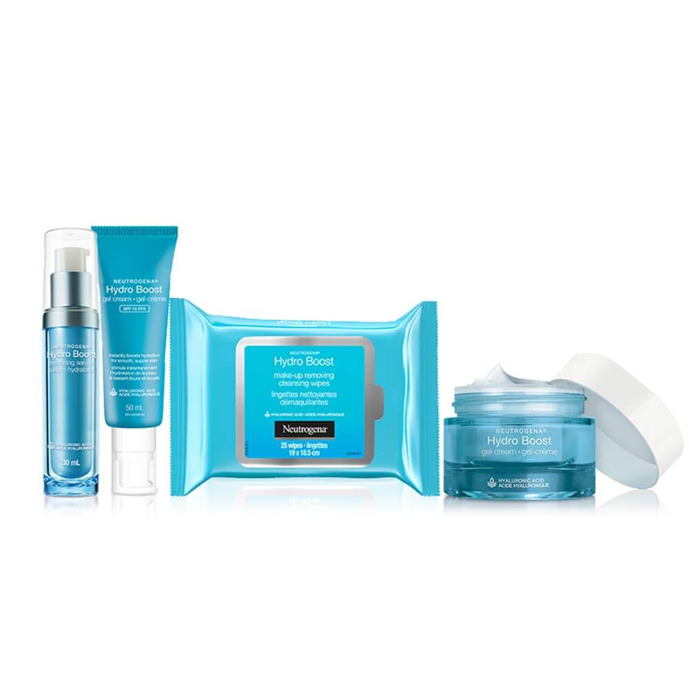Neutrogena Hydro Boost skincare products including gel cream, wipes, and serum for intense hydration and smooth skin.