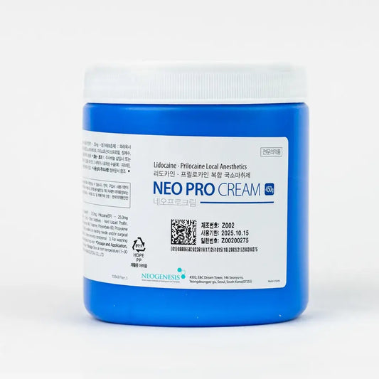 Neo Pro topical numbing cream jar with lidocaine and prilocaine, ideal for pain relief in cosmetic procedures.