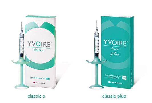 YVOIRE Classic and Classic Plus boxes with syringes, featuring balanced hyaluronic acid gel for enhanced skin smoothness.