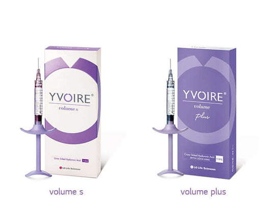 YVOIRE Volume S and Volume Plus contour gels for facial sculpting with hyaluronic acid.