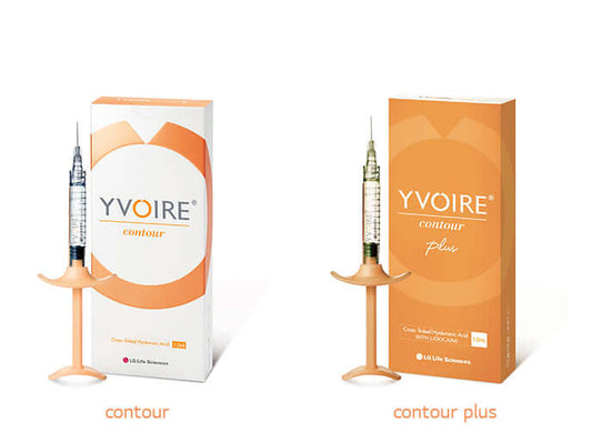 YVOIRE CONTContour and YVOIRE Contour Plus packaging with syringes for volumization and contouring.