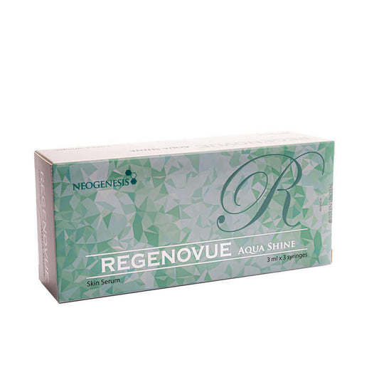 REGENOVUE AQUASHINE skin serum packaging with 3ml x 3 syringes, hydrating booster for silky skin radiance.