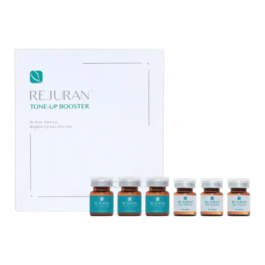 Rejuran Tone Up Booster set for brightening and energizing dull skin, featuring polynucleotide treatment vials.