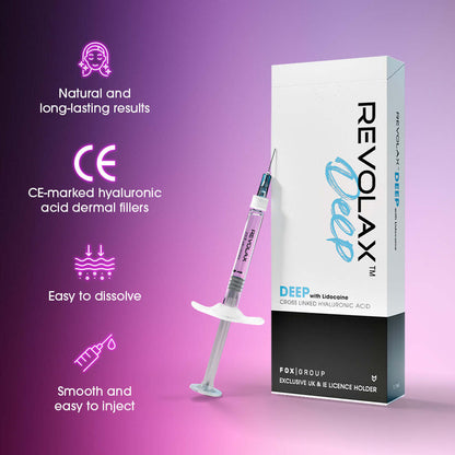 Revolax Deep filler by Nutrination, CE-marked hyaluronic acid for natural, long-lasting wrinkle correction and tissue augmentation.