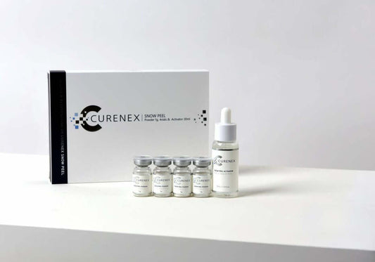 CURENEX SNOW PEEL kit with 4 vials and dropper for silky skin, featuring gentle exfoliation and Nutrination benefits.