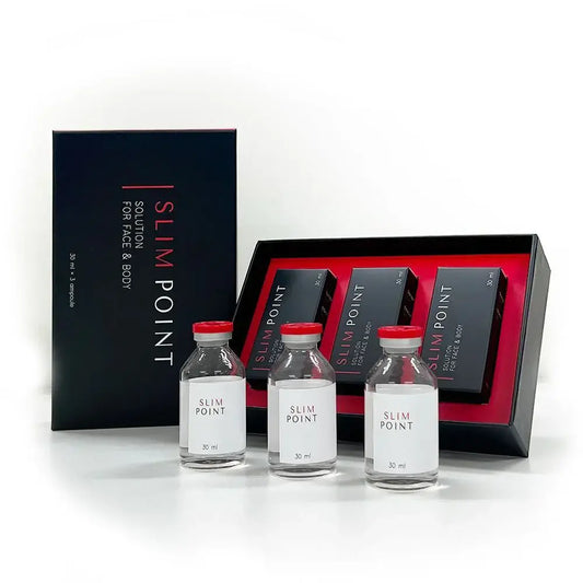 SLIM POINT Face & Body solution set with three 10ml vials for targeted fat reduction, featuring pineapple bromelain and lecithin.