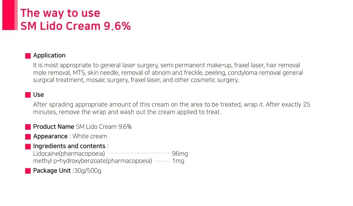 SM Lido Cream 9.6% application guide for effective use before cosmetic treatments.