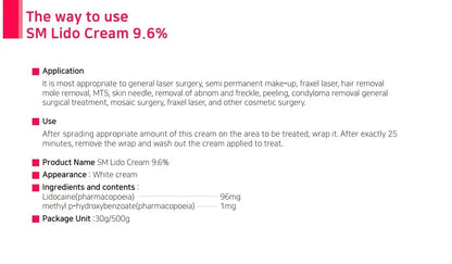 SM Lido Cream 9.6% application guide for effective use before cosmetic treatments.