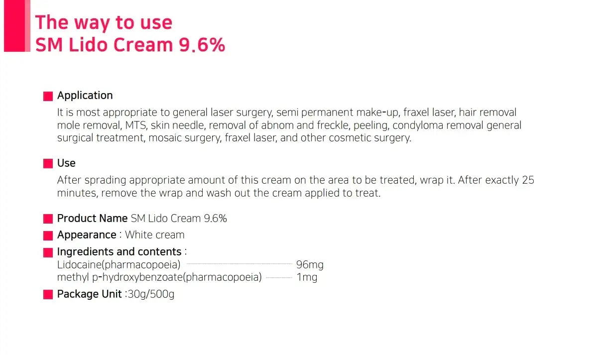 Instructions for using SM Lido Cream 9.6% for effective anesthesia in cosmetic procedures.