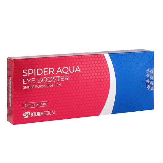 SPIDER AQUA EYE BOOSTER packaging featuring peptide formula for tired eyes, 2ml syringe for targeted hydration and nourishment.