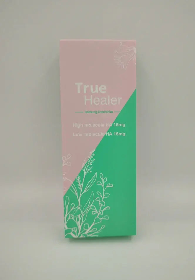 Nutrination True Healer packaging, bioremodeling solution with high and low molecular hyaluronic acid for skin hydration.