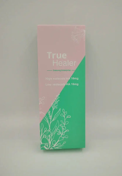 Nutrination True Healer packaging, bioremodeling solution with high and low molecular hyaluronic acid for skin hydration.