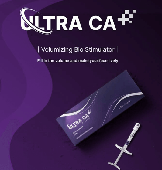 ULTRA CA Bio Stimulator packaging and syringe, promoting volume and collagen support for a lively appearance.