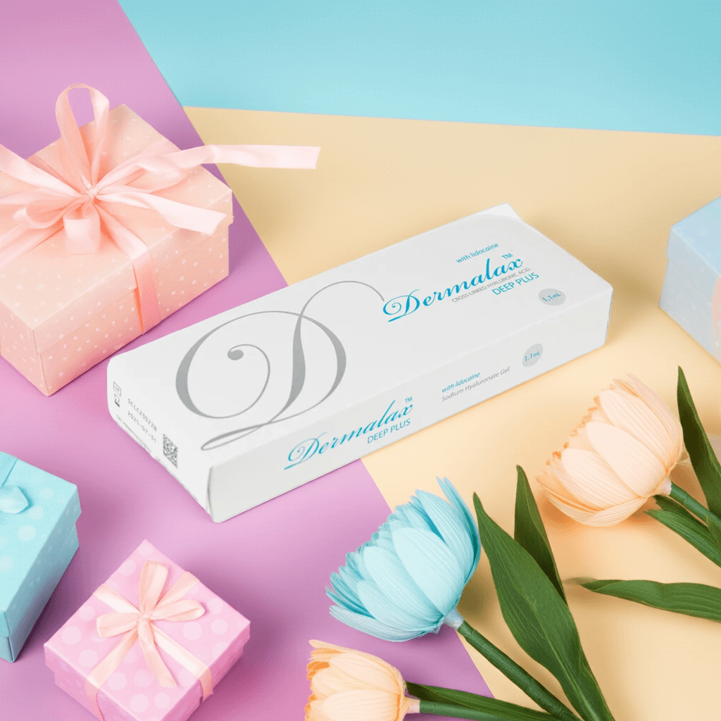 Dermalax Deep Plus packaging on pastel background with gifts and flowers, featured at Nutrination.