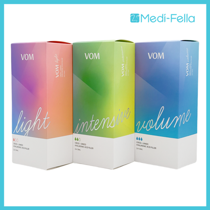 VOM Intensive Filler boxes in light, intensive, and volume versions for advanced dermal treatments in Canada
