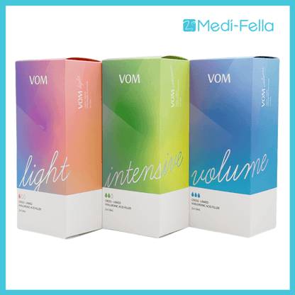 VOM Light, Intensive, and Volume boxes showcasing hyaluronic acid fillers at Nutrination.